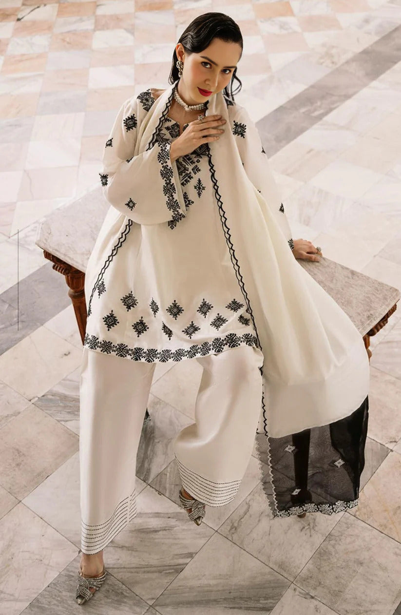 Heavy Embroidered Bareeza Cotton 3PC Suit with Farshi Shalwar & Organza Dupatta