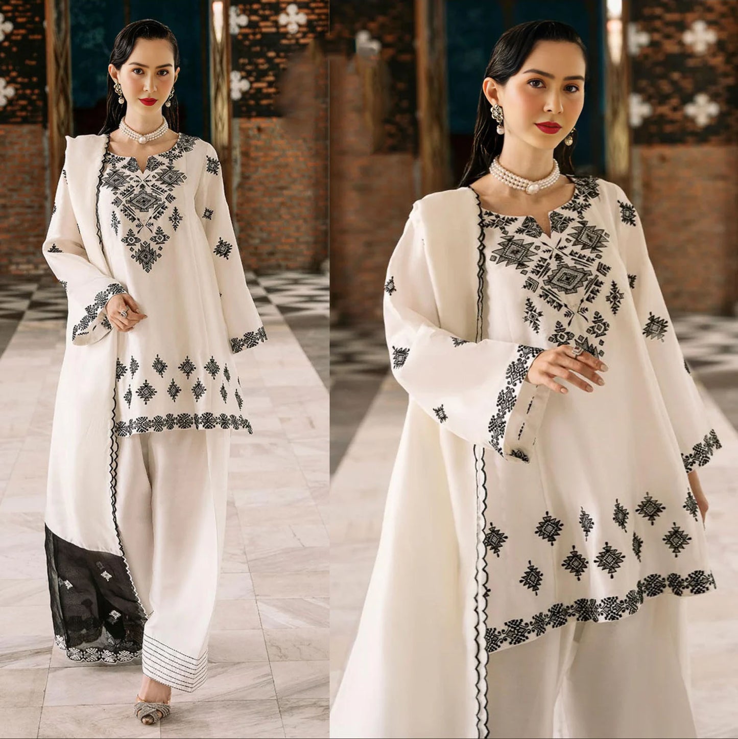 Heavy Embroidered Bareeza Cotton 3PC Suit with Farshi Shalwar & Organza Dupatta