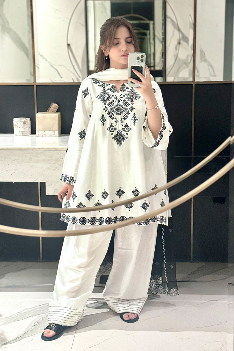 Heavy Embroidered Bareeza Cotton 3PC Suit with Farshi Shalwar & Organza Dupatta